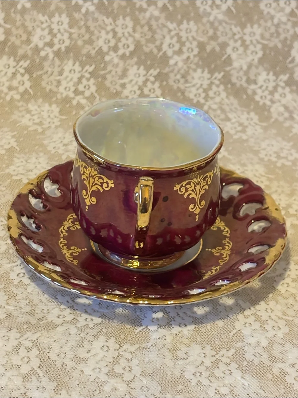 Vintage Ohashi China Burgundy & Gold Teacup & Saucer